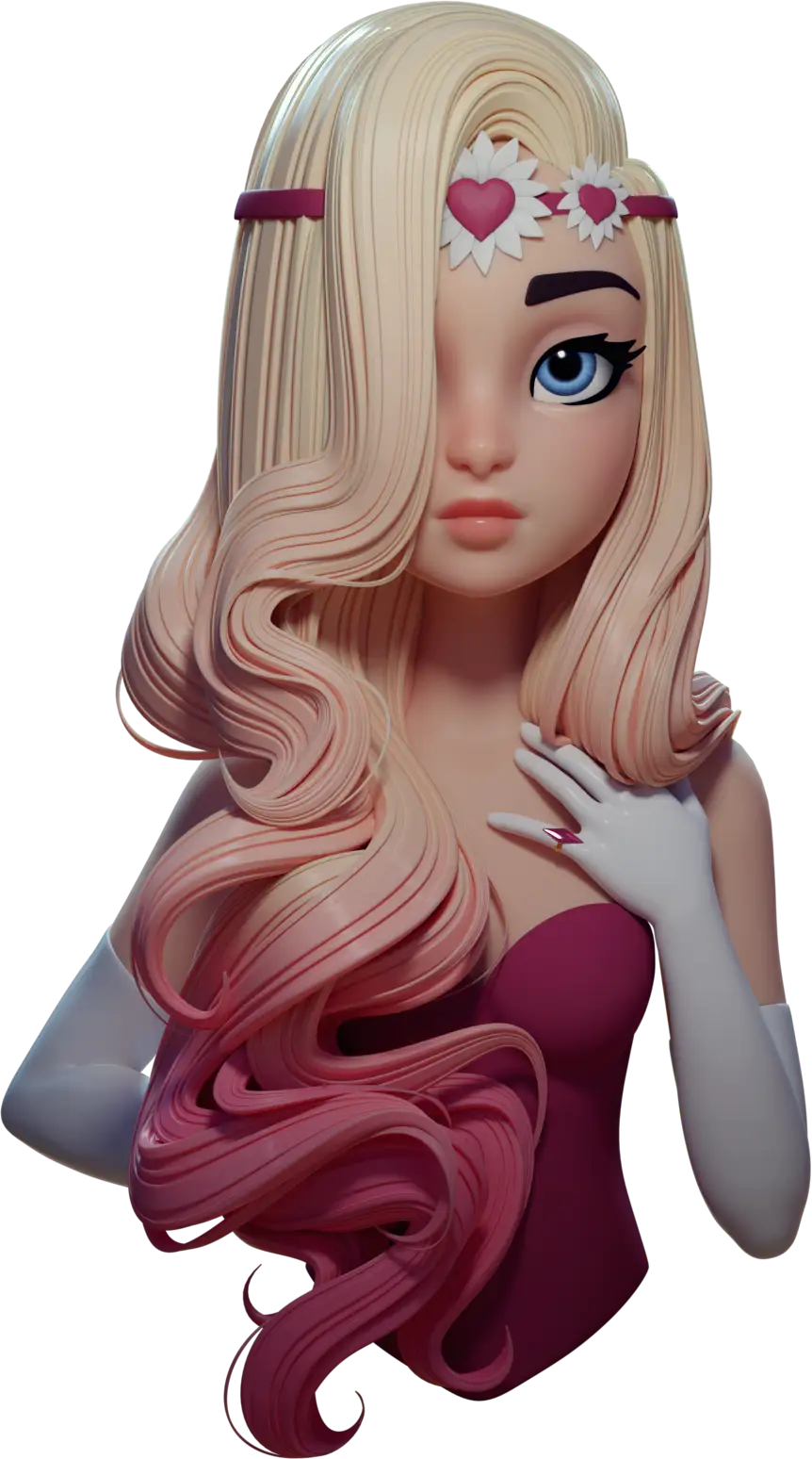 Danny Mac’s stylized character with blonde and pink hair